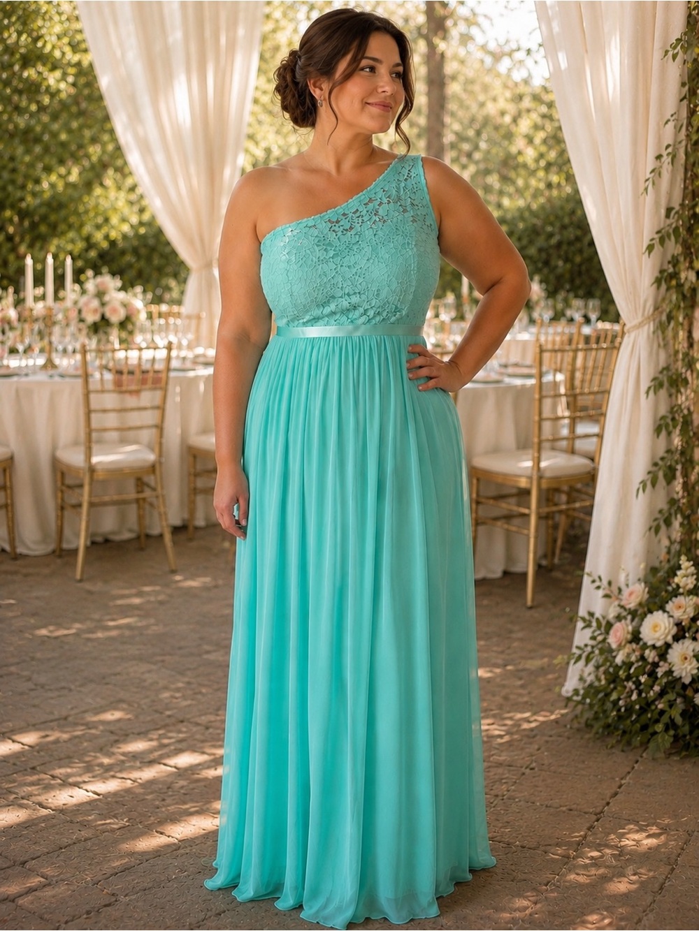 David's Bridal One-Shoulder Lace & Chiffon Maxi Dress in Aqua